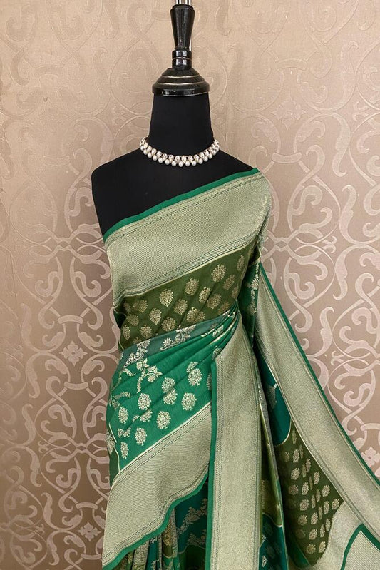 Deep & Light Green Rangkat Munga Banarasi Silk Saree, With Unstiched Blouse