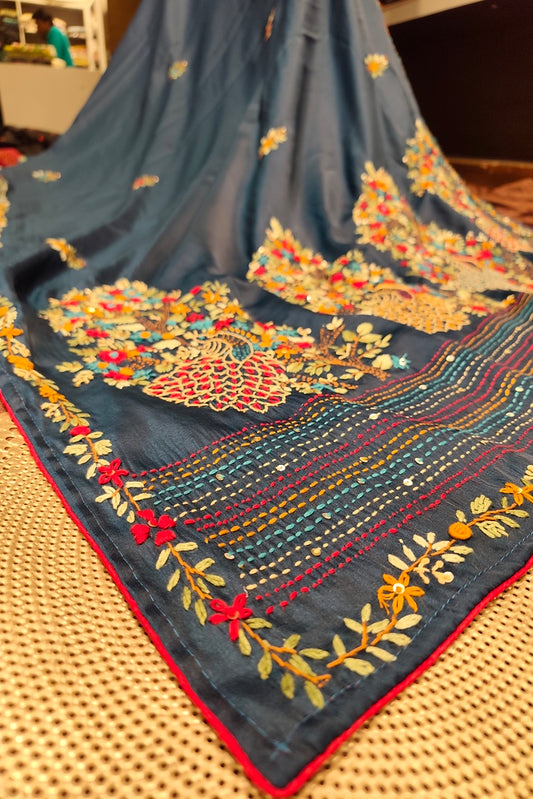 Deep Blue Semi Munga Silk French Knot Hand Embroidery Work Saree, With Unstiched Blouse