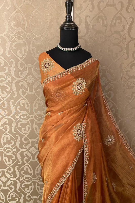 Copper Tissue Hand Embroidery Saree, With Unstiched Blouse