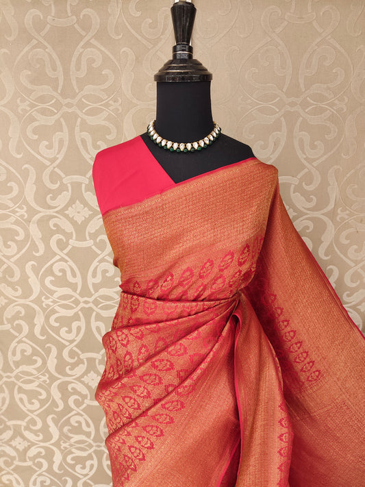 Red Mysore Crepe Silk Banarasi Saree, With Unstiched Blouse