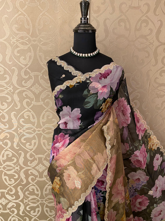 Black Floral Printed Tissue Silk Saree, With Unstiched Blouse