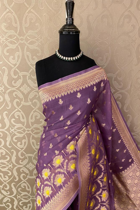Purple Kora Banarasi silk saree with hand weaving work and unstiched blouse, traditional wear by Saarang Sarees.