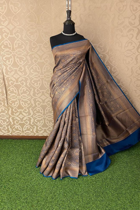 Blue Brocade Kora Banarasi Silk Saree, With Unstiched Blouse