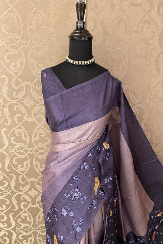 Violet Tussar Resham embroidery saree with unstiched blouse, traditional wear by Saarang Sarees, detailed embroidery and fabric texture.