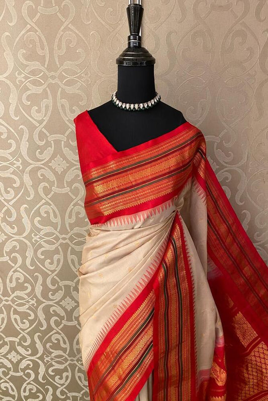 Off-White Gadwal Silk Sarees With Unstiched Blouse