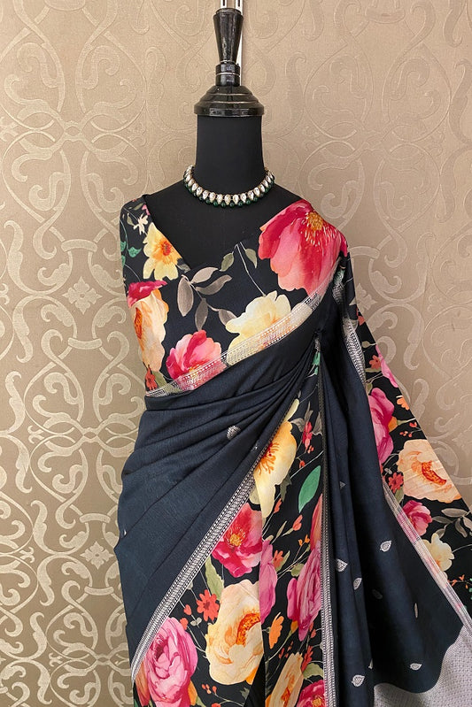 Black Tussar Banarasi digital border saree with intricate gold designs, paired with an unstiched blouse for party wear.