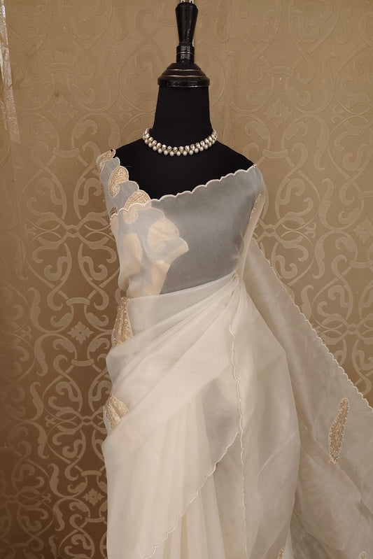 Off-White Organza Saree With Appliqué Work, With Two Unstitched Blouse