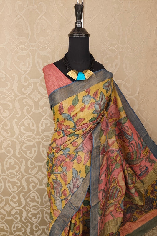 Mustard Yellow Tussar Kalamkari Printed Work Saree, With Unstiched Blouse