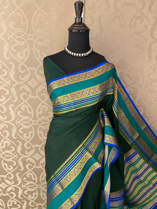 Deep Forest Green Mysore Crepe Banarasi Silk Saree With Unstiched Blouse