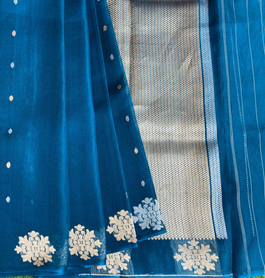 Royal Blue Kora Banarasi Silk Saree, With Unstiched Blouse