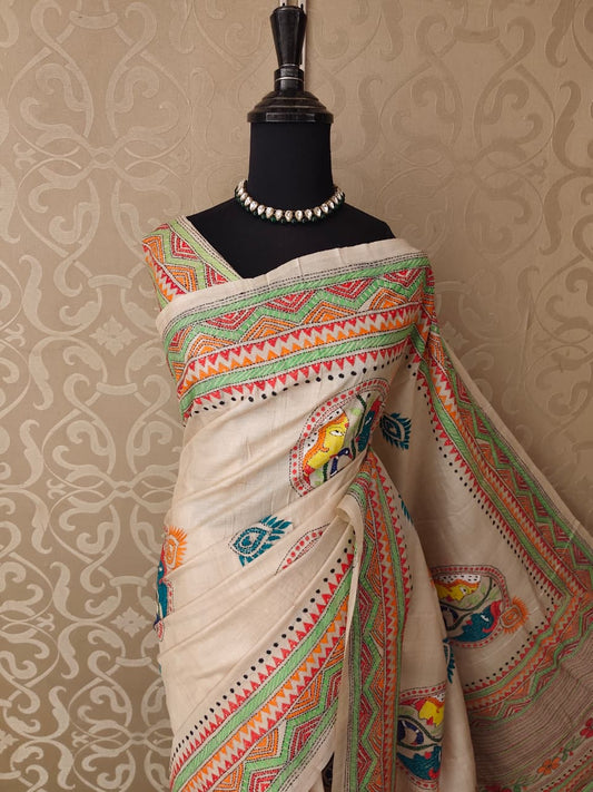 Beige Tussar Embroidery Saree With Kantha Work Border, With Unstitched Blouse