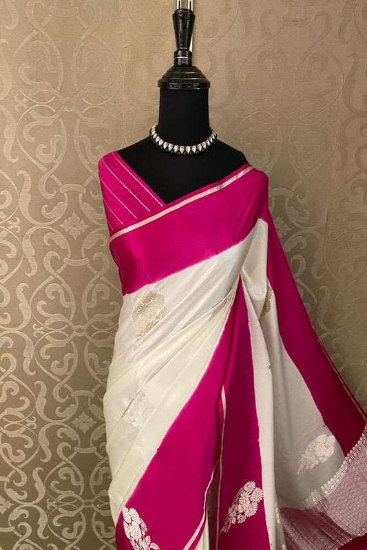 Off-White Purple Border Mashru Silk Banarasi Handloom Saree, With Unstiched Blouse