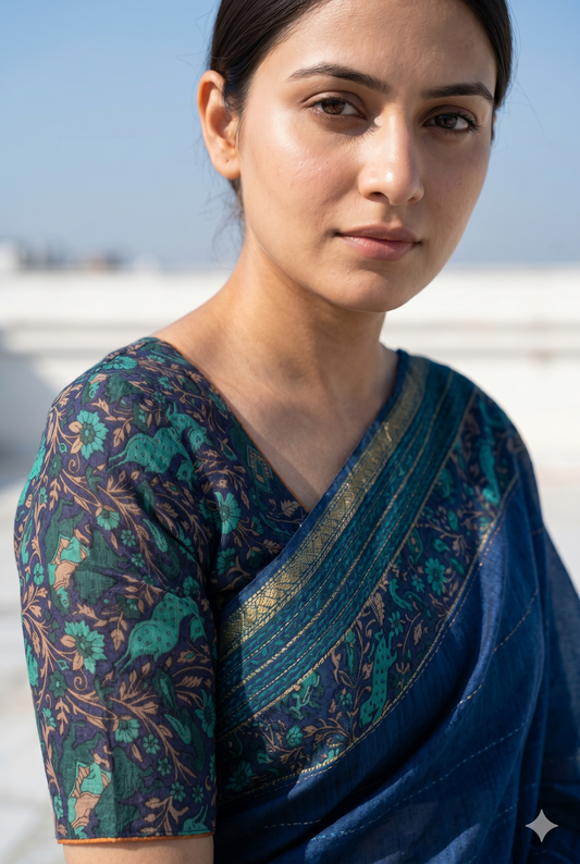 Deep Blue Printed Munga Silk Saree, With Unstiched Blouse