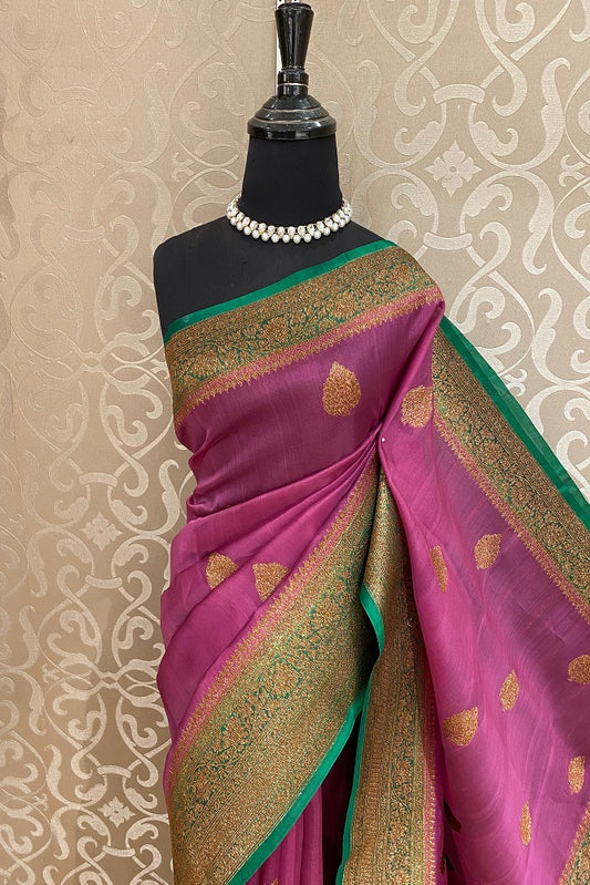 Onion Pink Kora Banarasi Silk Saree, With Unstiched Blouse - Saarang Sarees