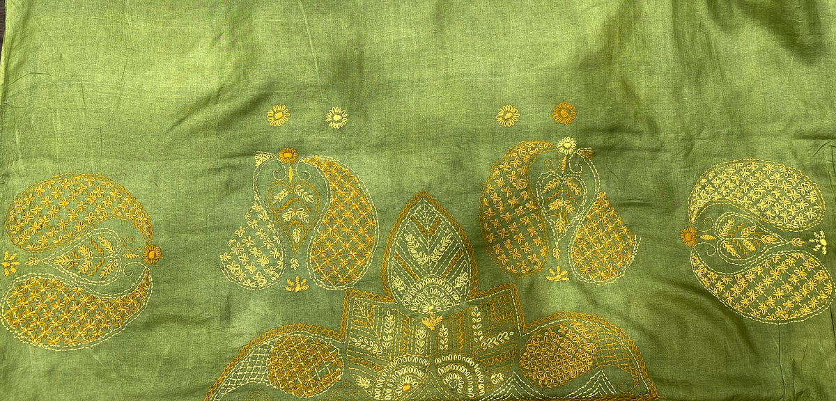 Green Tussar Hand Embroidery Saree, With Unstitched Blouse