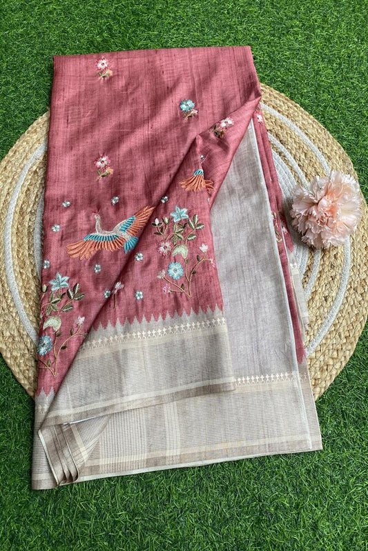 Pink Tussar Cotton Resham Work Saree, With Unstiched Blouse