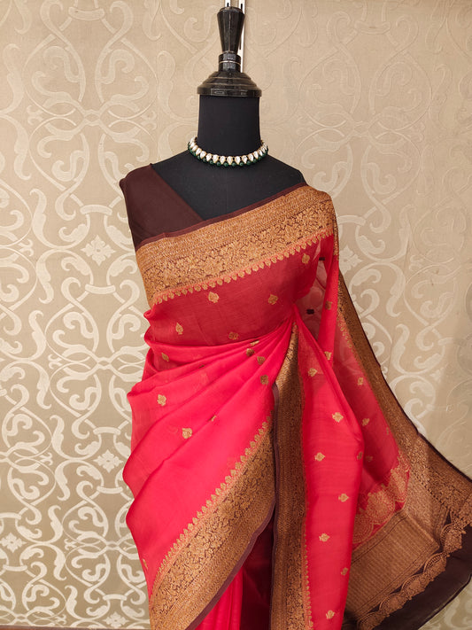 Red Kora Banarasi Silk Saree, With Unstiched Blouse