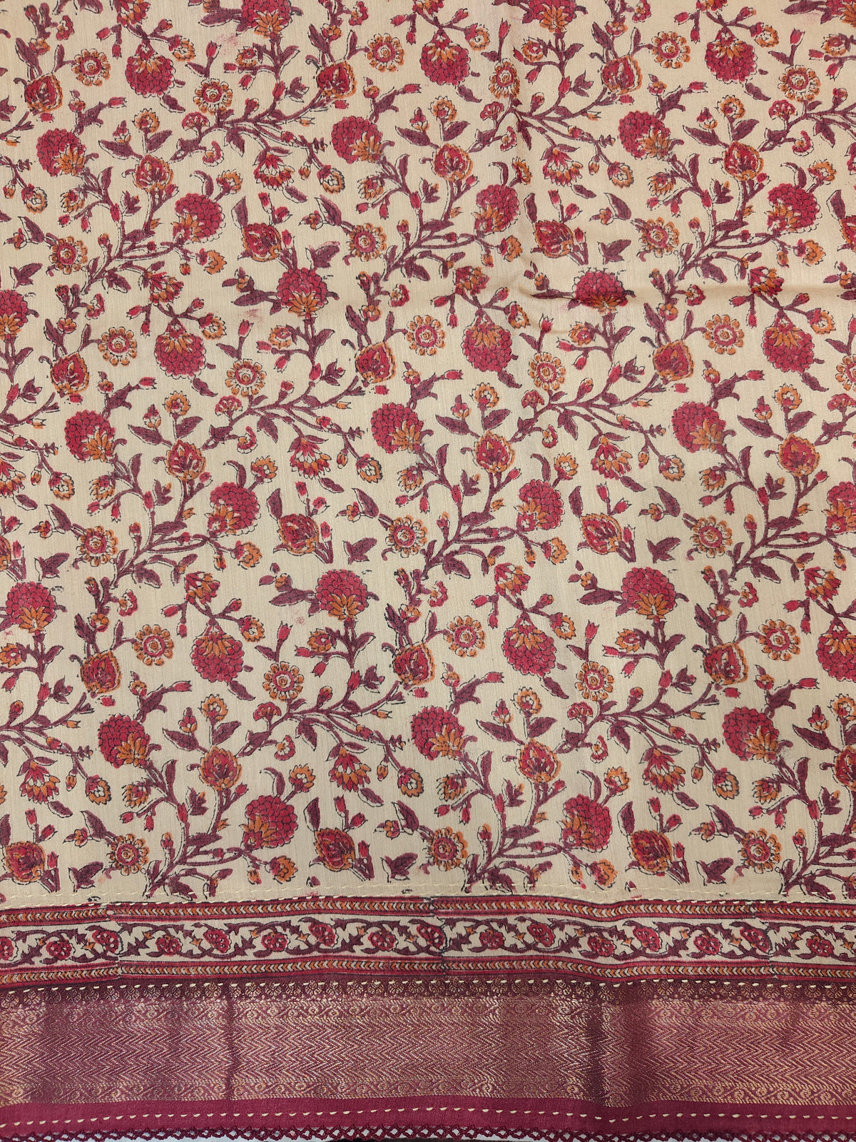 Grey & Beige Munga Silk Printed Saree With Kantha Work, With Unstich Blouse