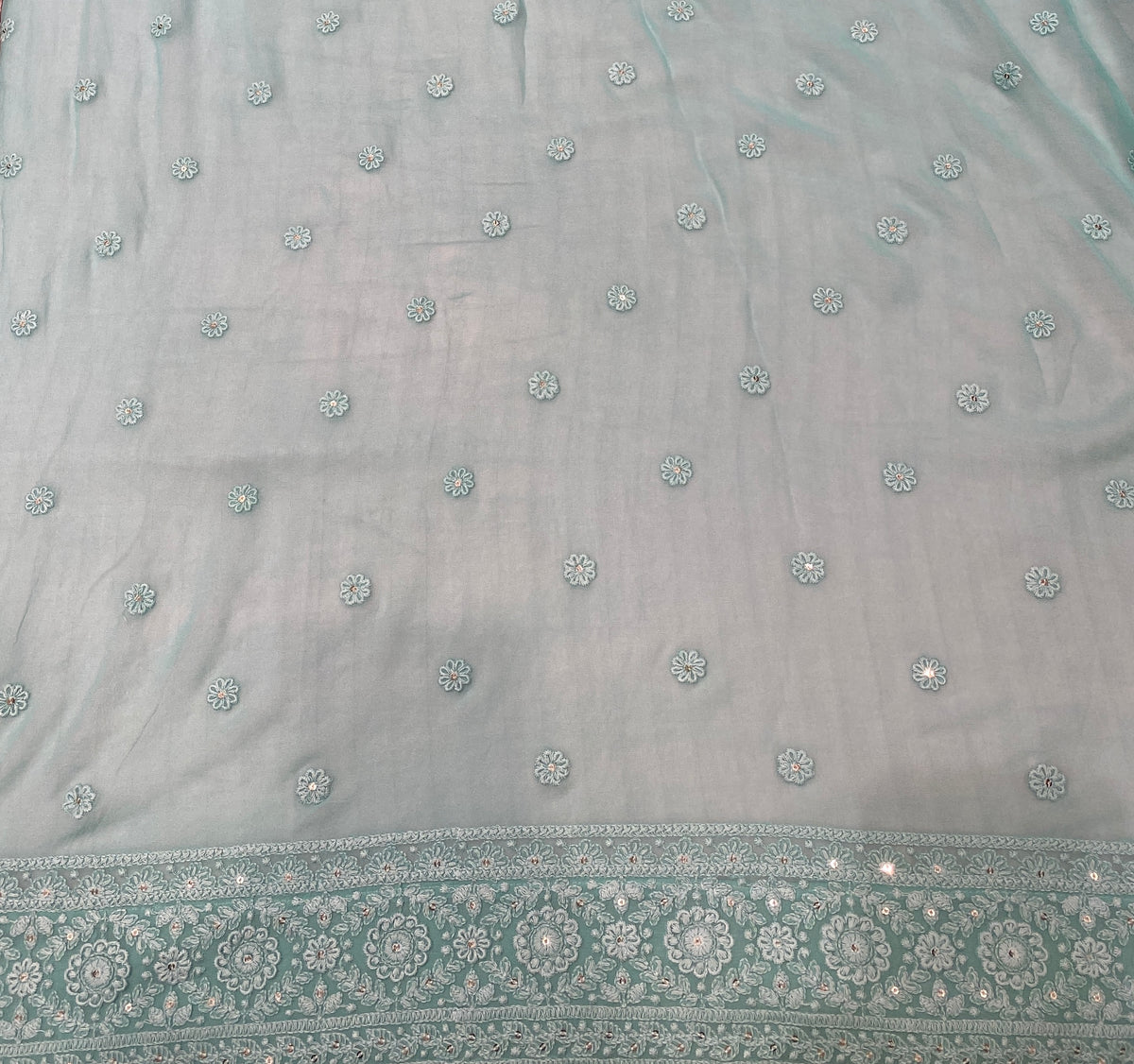 Firozi Blue Georgette Chikankari Embroidery Saree, With Unstitched Blouse