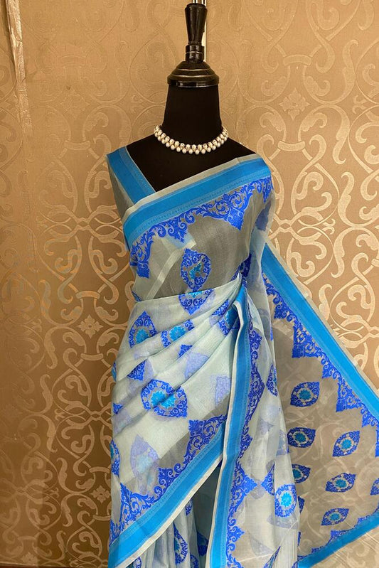 Grey & Blue Muslin Jamdani Saree, With Unstiched Blouse