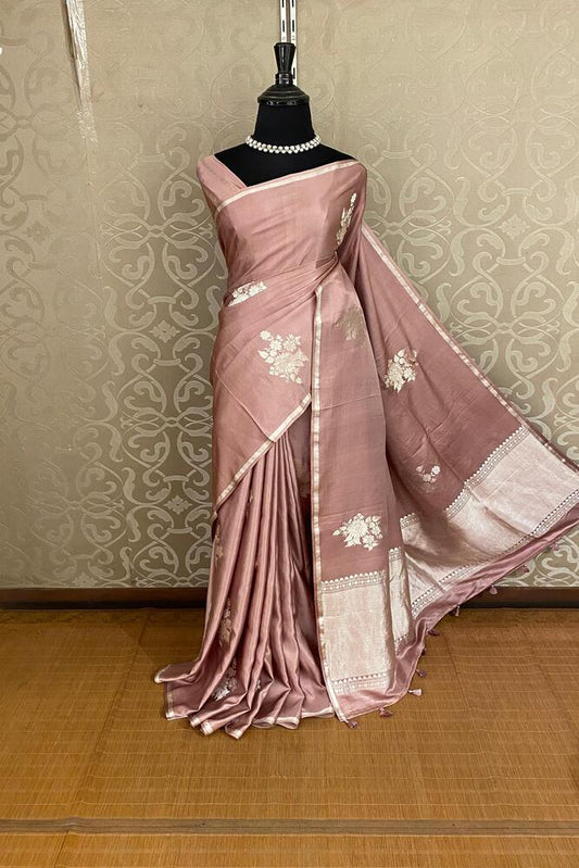 Pastel Mauve Mashru Silk Banarasi Handloom Saree, With Unstiched Blouse