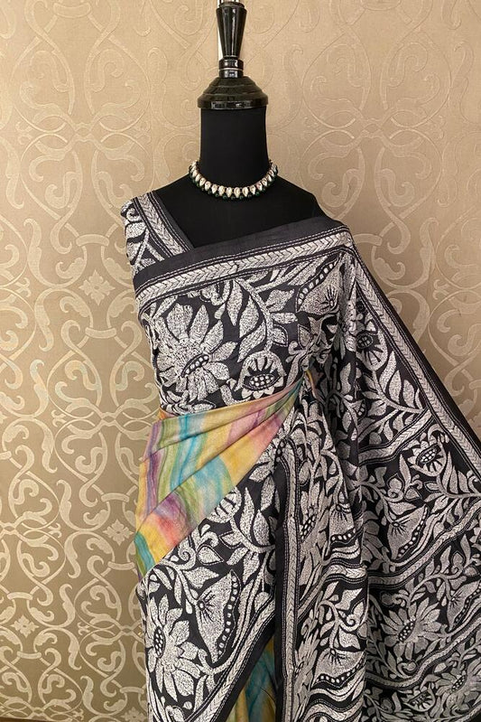 Multi Tussar embroidery saree with Kantha work border and unstitched blouse from Saarang Sarees, showcasing intricate traditional design.