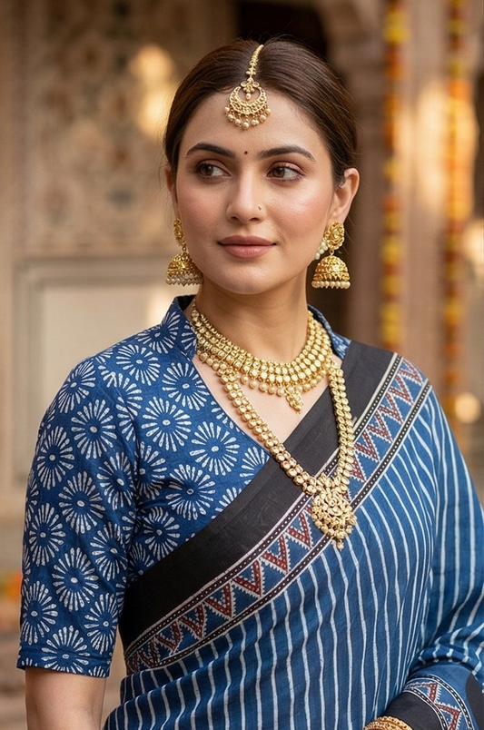 Blue Pure Modal Silk Ajrakh Printed Saree With Unstiched Blouse