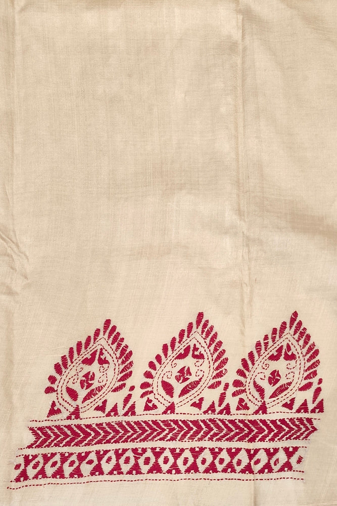 Off-White Tussar Embroidery Saree With Kantha Work Border, With Unstitched Blouse