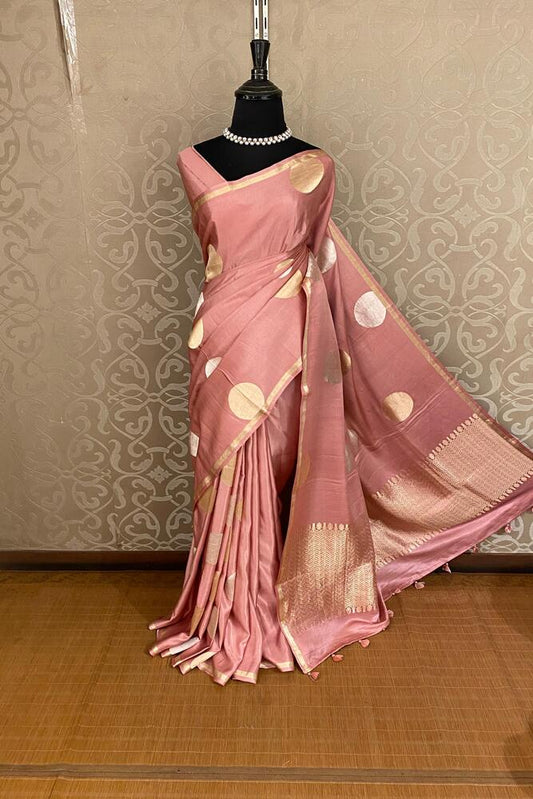 Pastel Pink Mashru Silk Banarasi Handloom Saree, With Unstiched Blouse
