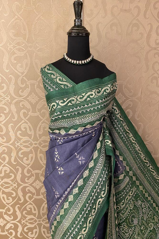 Light Violet Tussar Embroidery Saree With Kantha Work Border, With Unstitched Blouse