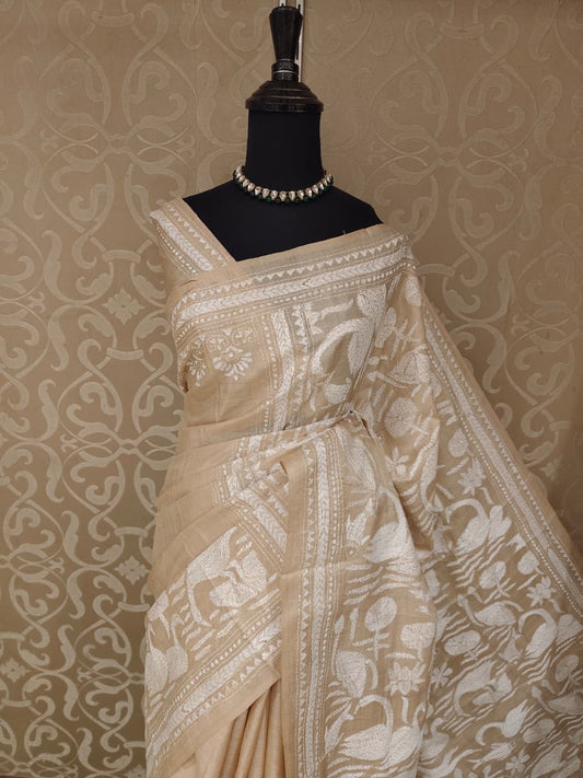 Beige Tussar Embroidery Saree With Kantha Work Border, With Unstitched Blouse