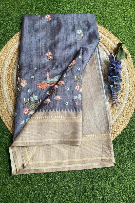 Blue Tussar Cotton Resham Work Saree, With Unstiched Blouse