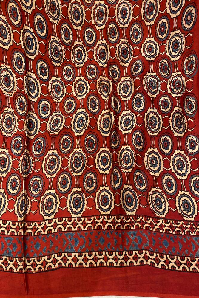 Off-White & Red Pure Modal Silk Ajrakh Printed Saree With Unstiched Blouse