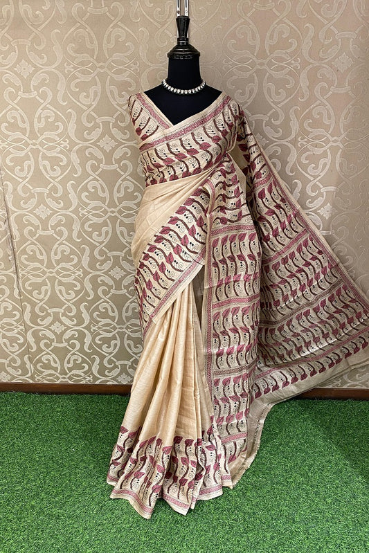 Beige Tussar Embroidery Saree With Kantha Work Border, With Unstitched Blouse