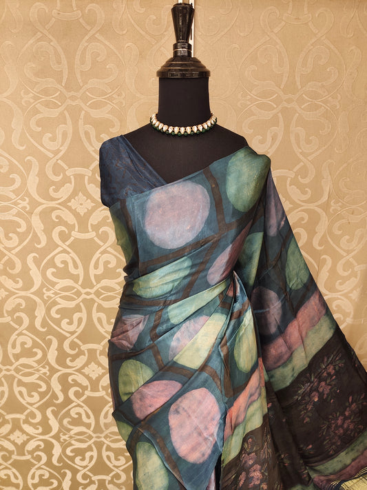 Multi Pure Modal Silk Ajrakh Printed Saree With Unstich Blouse