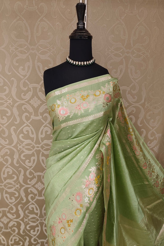 Pista Green Chiniya Silk Saree Hand Woven Butas, With Unstiched Blouse