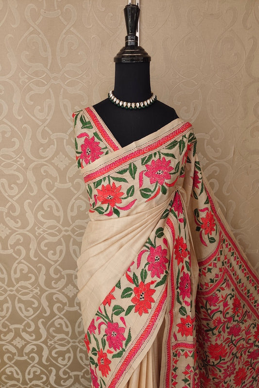 Off-White Tussar Embroidery Saree With Kantha Work Border, With Unstitched Blouse