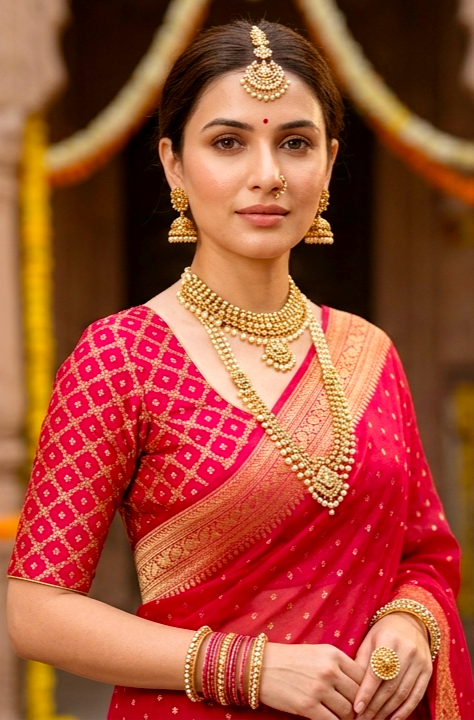 Cherry red crepe Khaddi Banarasi silk saree with intricate gold zari work and matching unstiched blouse, traditional wear by Saarang Sarees.