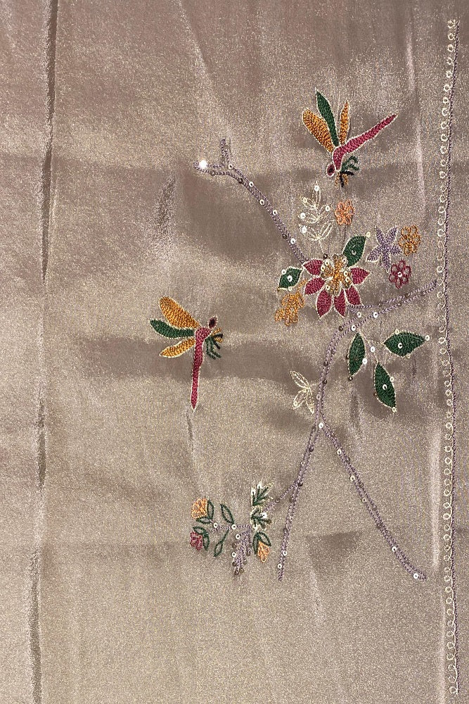 Grey Tissue With Aari Work Saree, With Unstiched Blouse