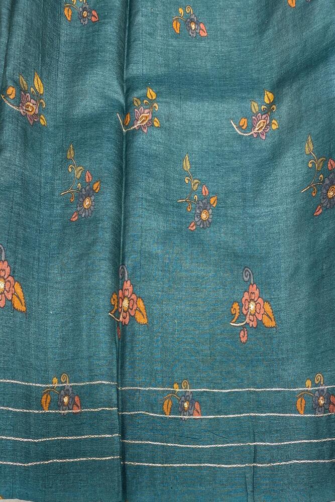 Multi & Blue Tussar Kalamkari Aari Work Saree, With Unstiched Blouse