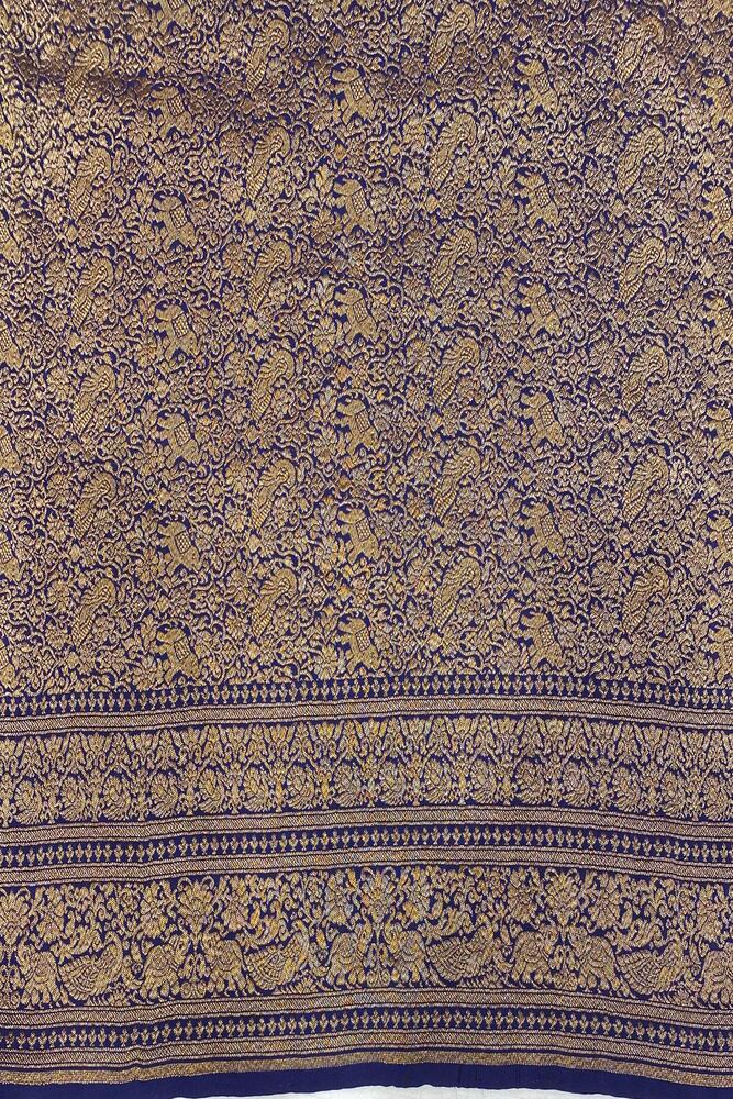 Navy Blue Crepe Khaddi Banarasi Silk Saree With Unstiched Blouse