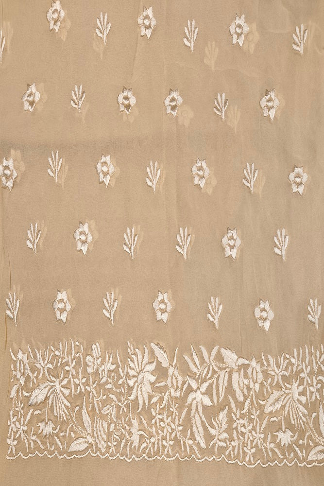 Off-White Georgette Saree With Parsi Work, With Unstiched Blouse