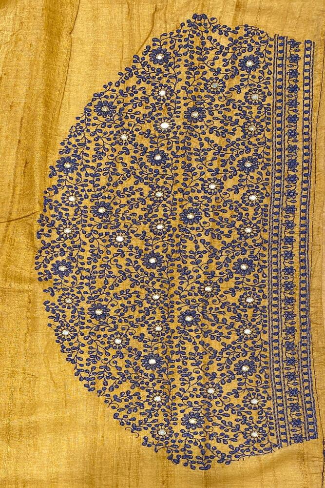 Deep Blue Tussar Embroidery Saree With Kashmiri Work Border, With Unstiched Blouse