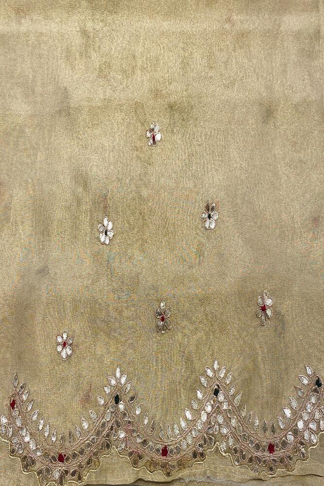 Golden Beige Soft Tissue Silk Embroidery Saree With Unstiched Blouse