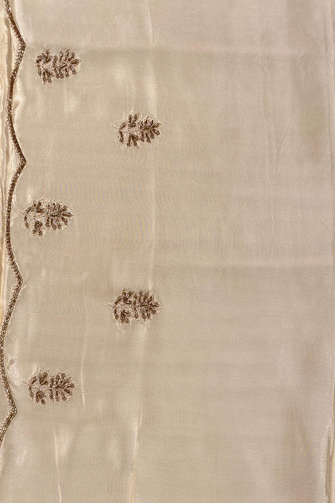 Off-White Organza Silk Embroidery Saree, With Unstiched Blouse