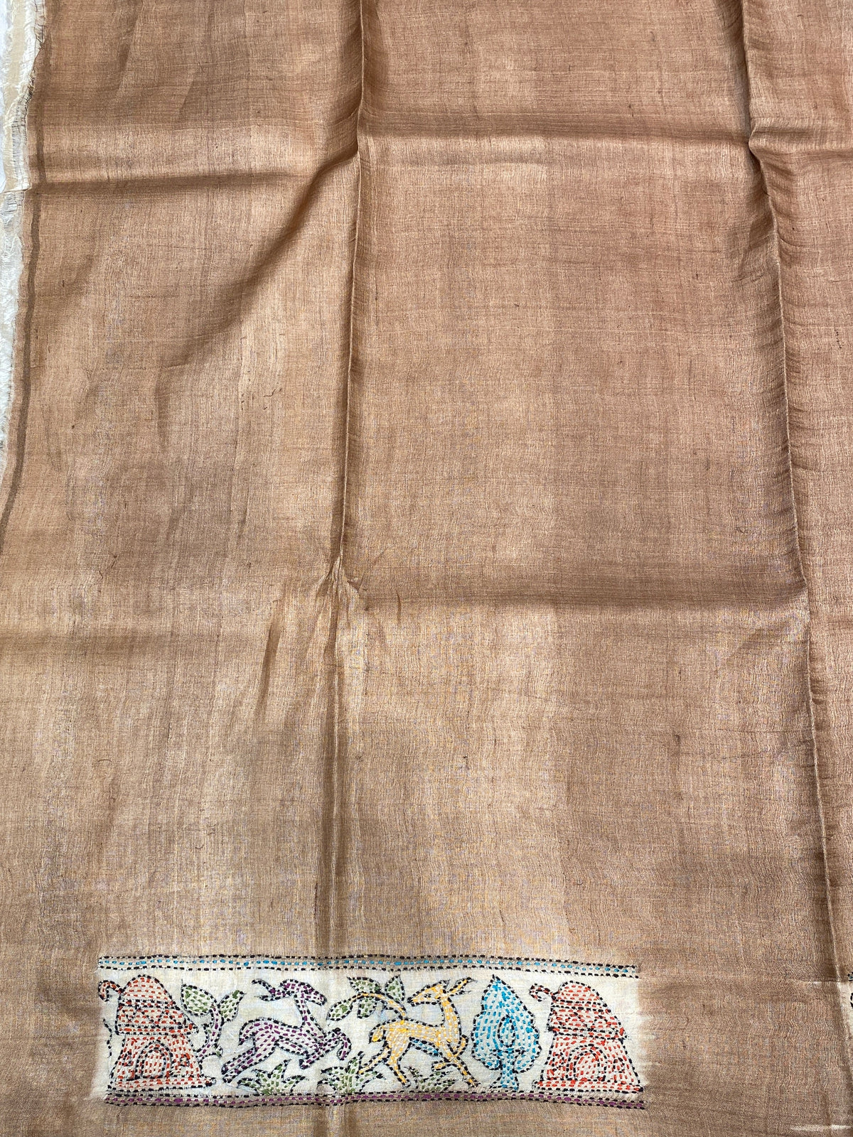 Off-White Tussar Hand Print Kantha Work Border Saree, With Unstitched Blouse