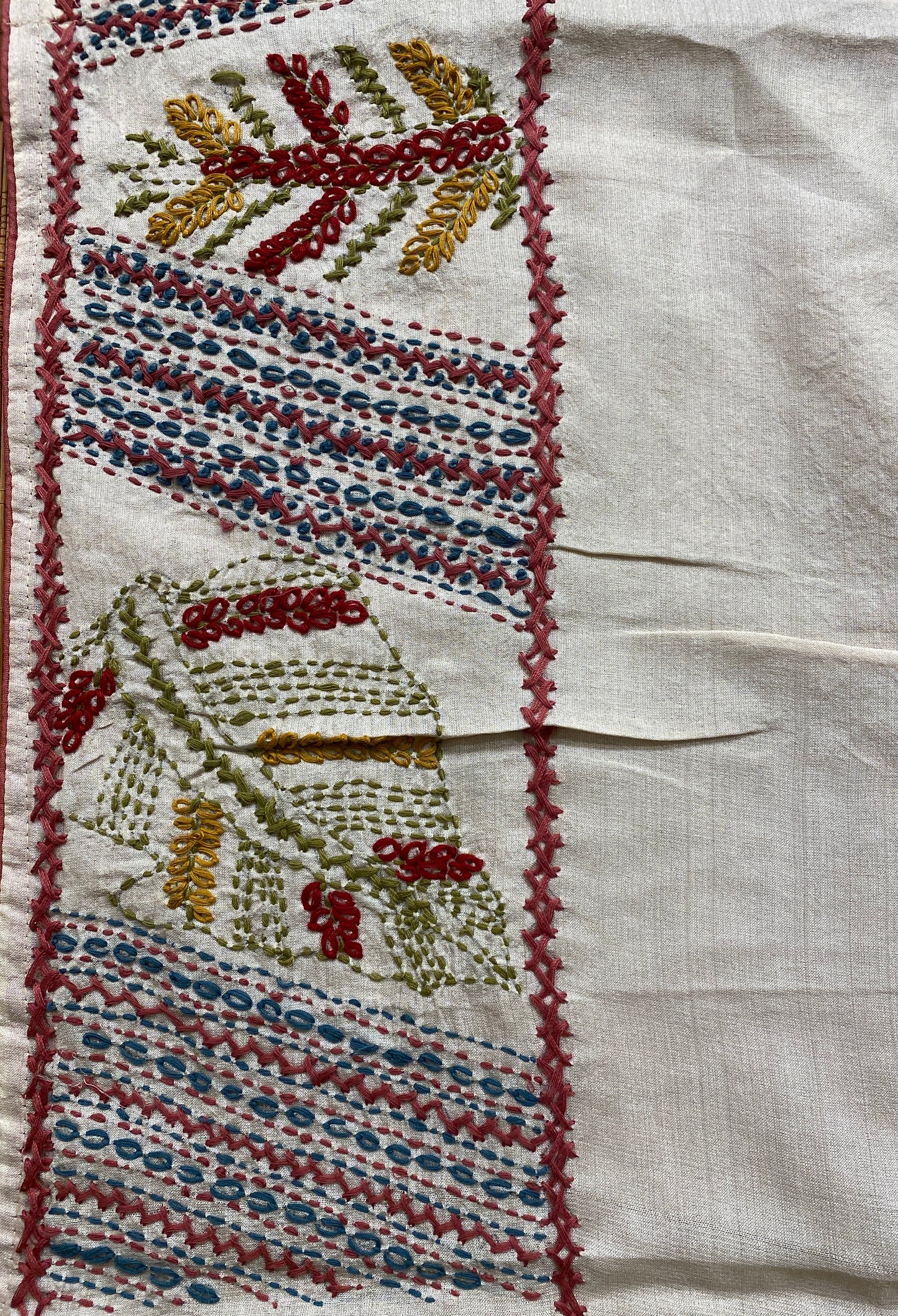 Off-White Tussar Embroidery Saree With Lambani Work Border, With Unstitched Blouse