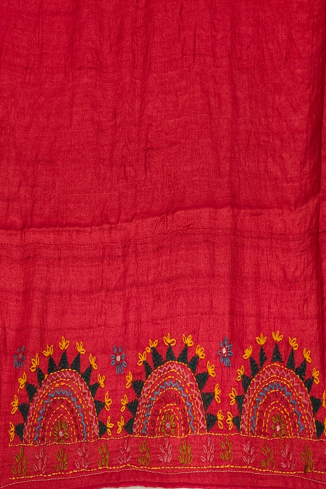 Red Tussar Hand Embroidery Work Saree, With Unstitched Blouse