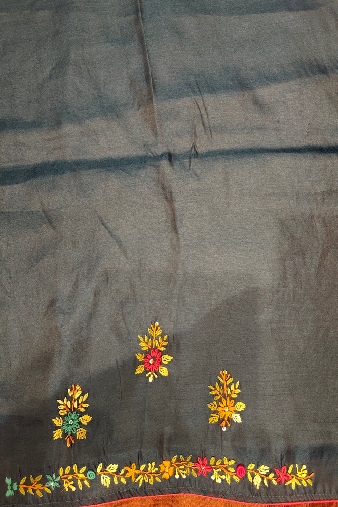 Deep Blue Semi Munga Silk French Knot Hand Embroidery Work Saree, With Unstiched Blouse