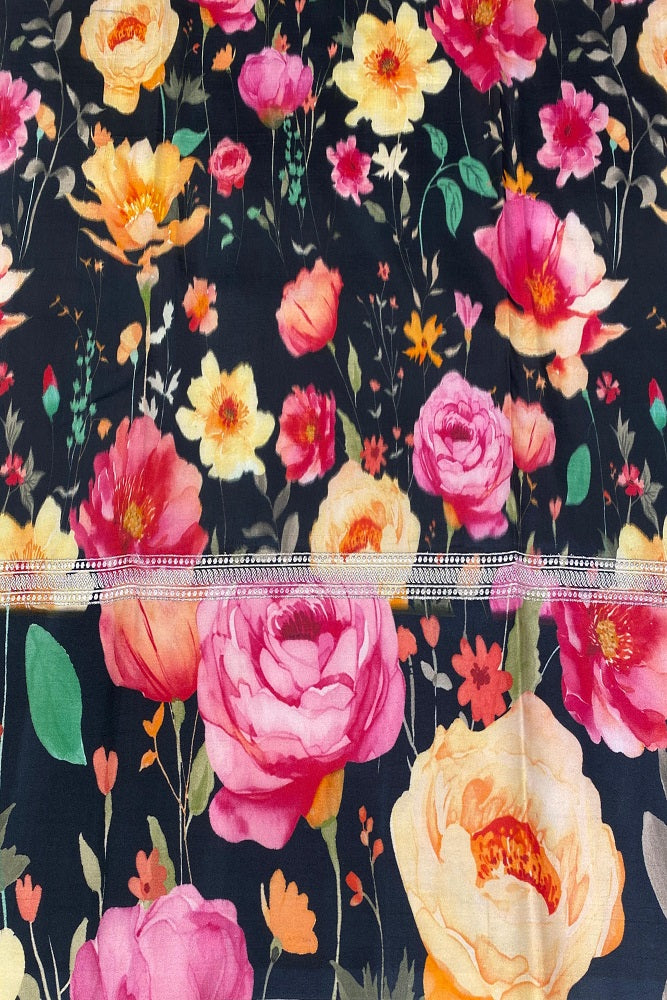 Black Tussar Banarasi digital border saree with unstitched blouse, elegant party wear by Saarang Sarees displayed on hanger.